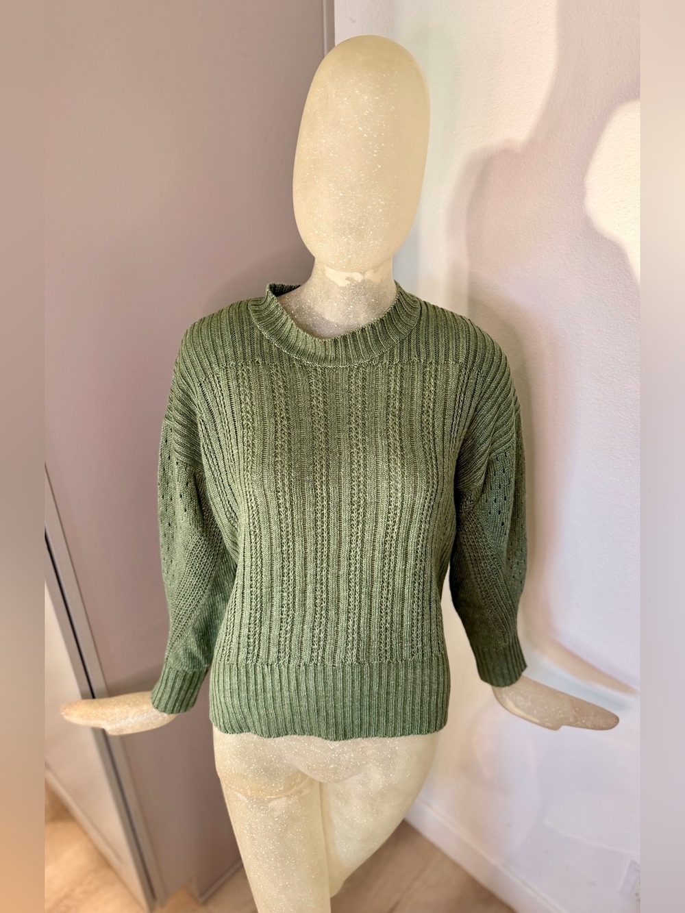 Veronica Beard Erka Olive Knit Linen Pullover Crew Neck Sweater. Size Small